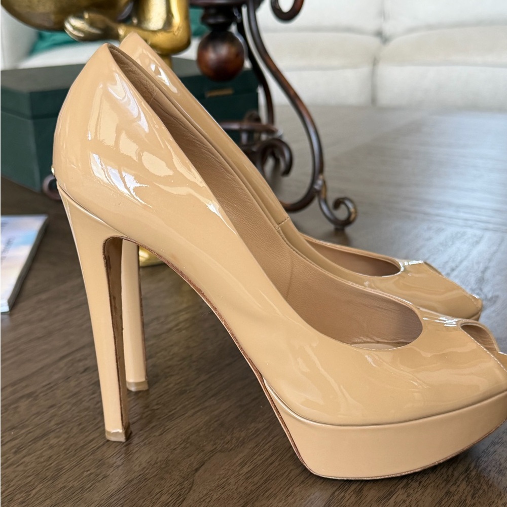 Dior Miss Dior Peep Toe Nude Patent Leather Heels Size 39